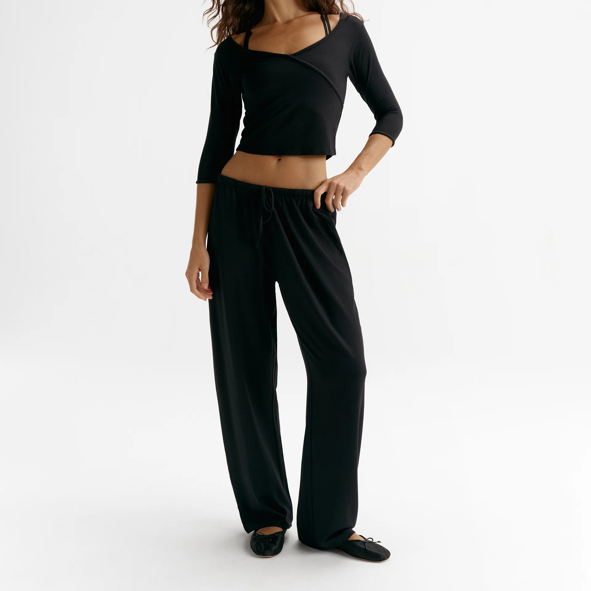 Cropped Wrap‑Front Long‑sleeved Top