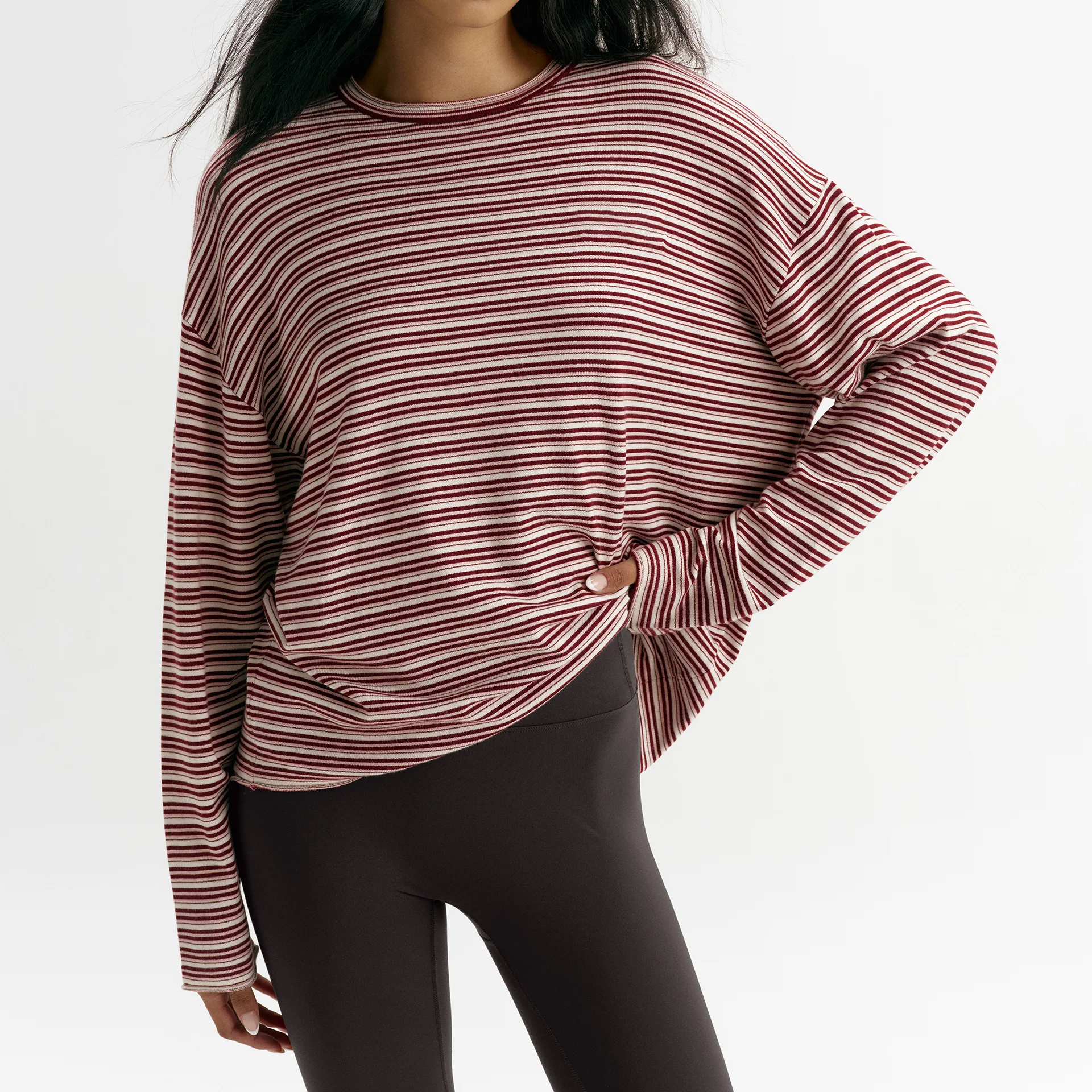 Oversized Striped Knit Roll‑Hem Sweatshirt Top