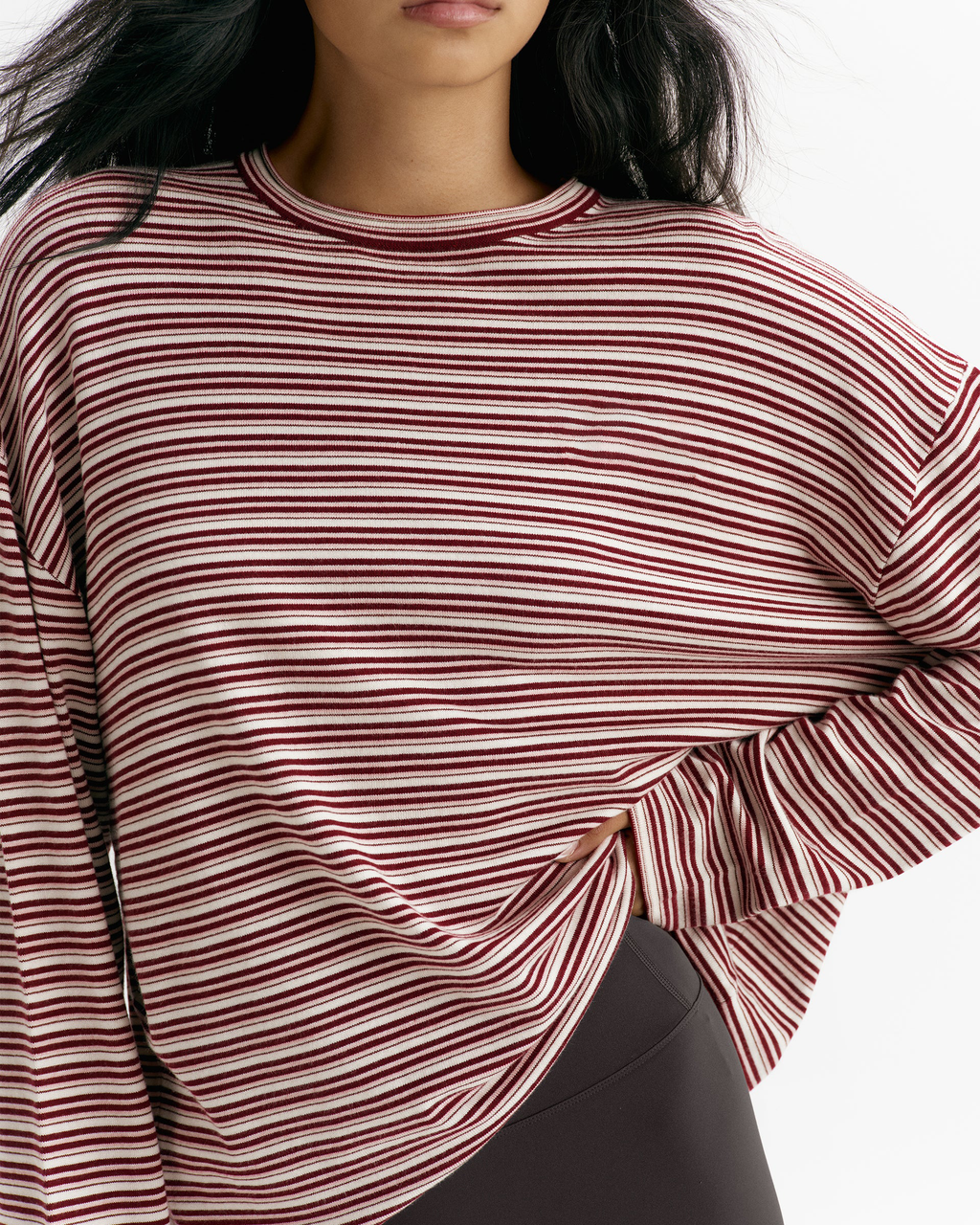 Oversized Striped Knit Roll‑Hem Sweatshirt Top