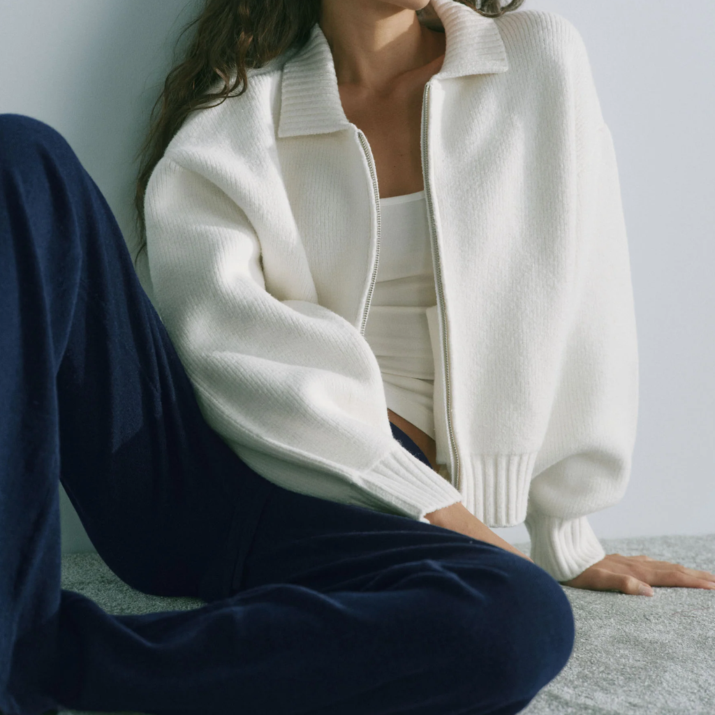 Collared Zip‑Up Knit Bomber Top Jacket